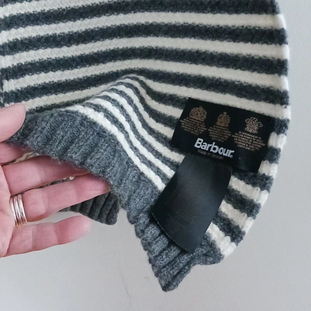 Barbour Gray and White Striped Wool Scarf